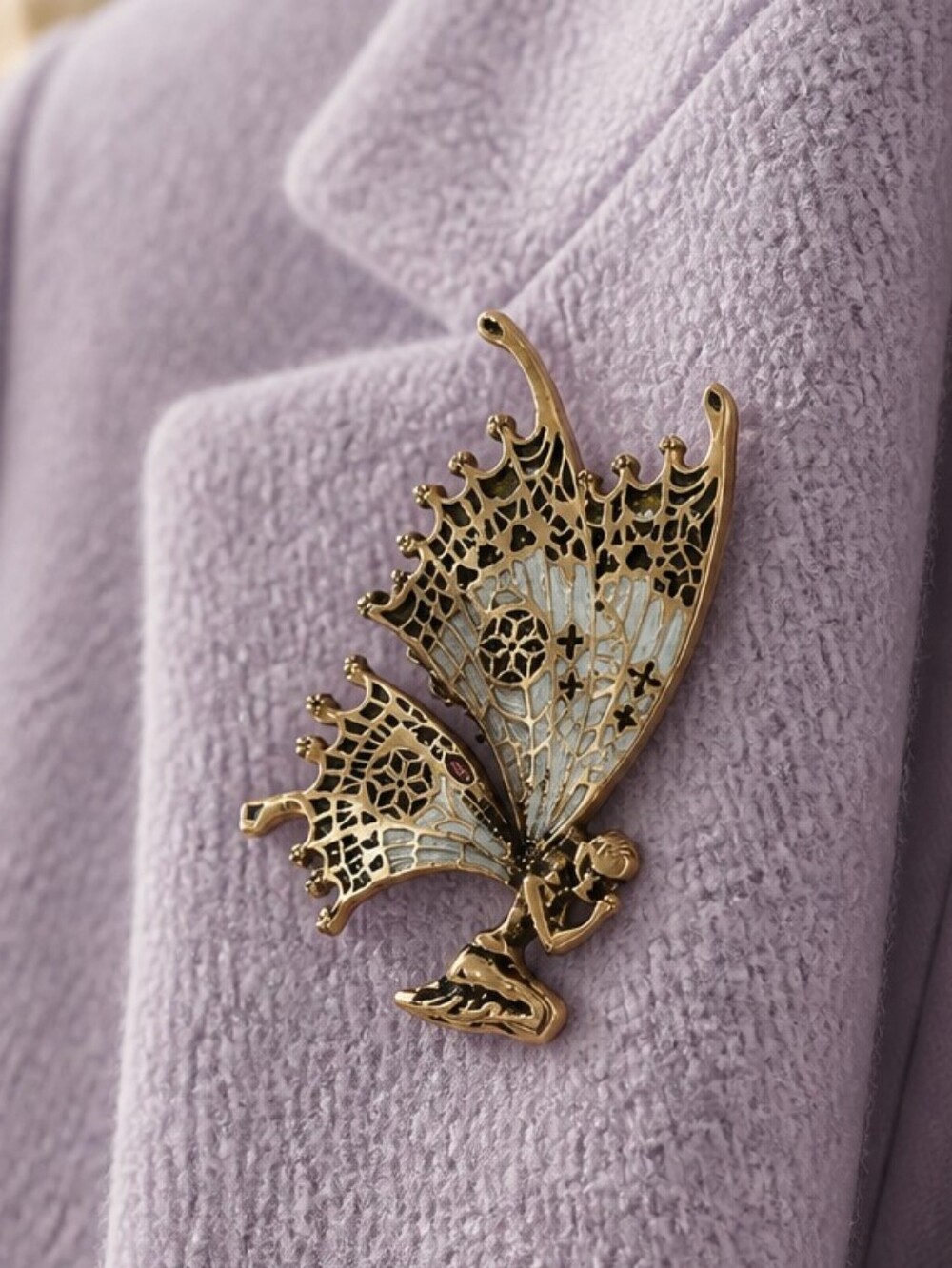 Gold Fairy Enamel Brooch Whimsical Winged Pin NWT Fairycore Magical Jewelry Gift - Picture 1 of 6